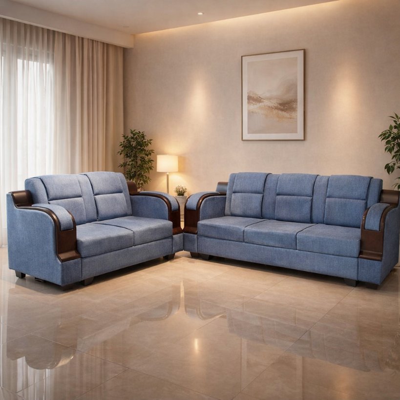 Haven Luxe Fabric Sofa Set with Wooden Arm Accents