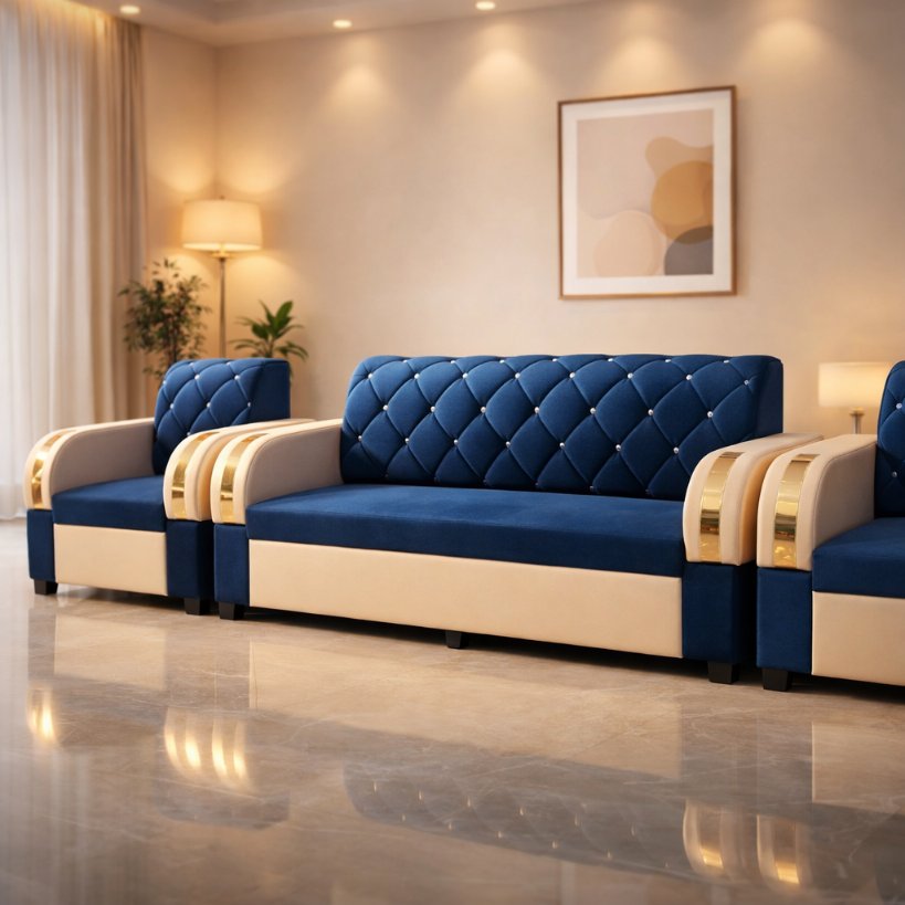 Regal Crest Tufted Sofa Set with Gold Finish Arms