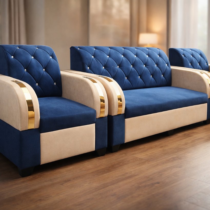 Regal Crest Tufted Sofa Set with Gold Finish Arms