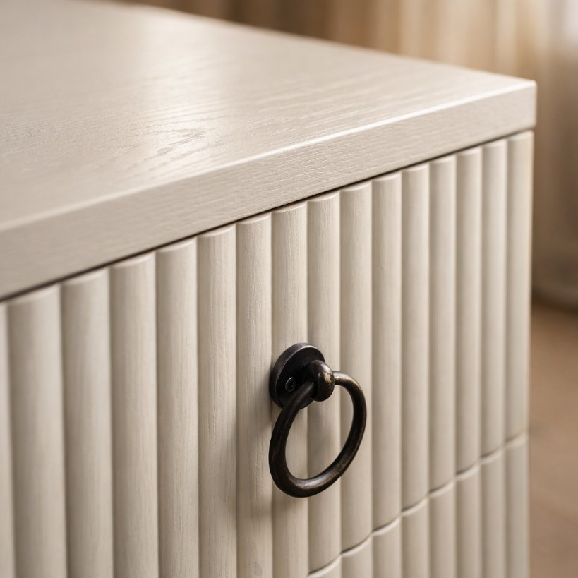 Aangan Fluted Bedside Table with 2 Drawers  Soft White Finish