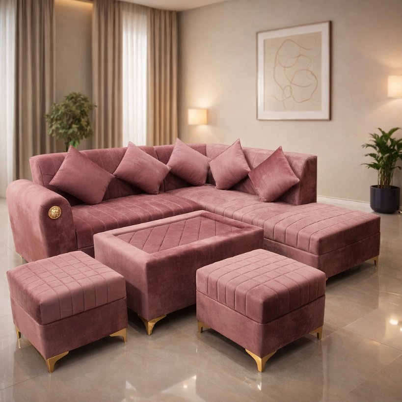 Rosé Comfort Luxe L-Shape Sofa Set with Dual Ottomans