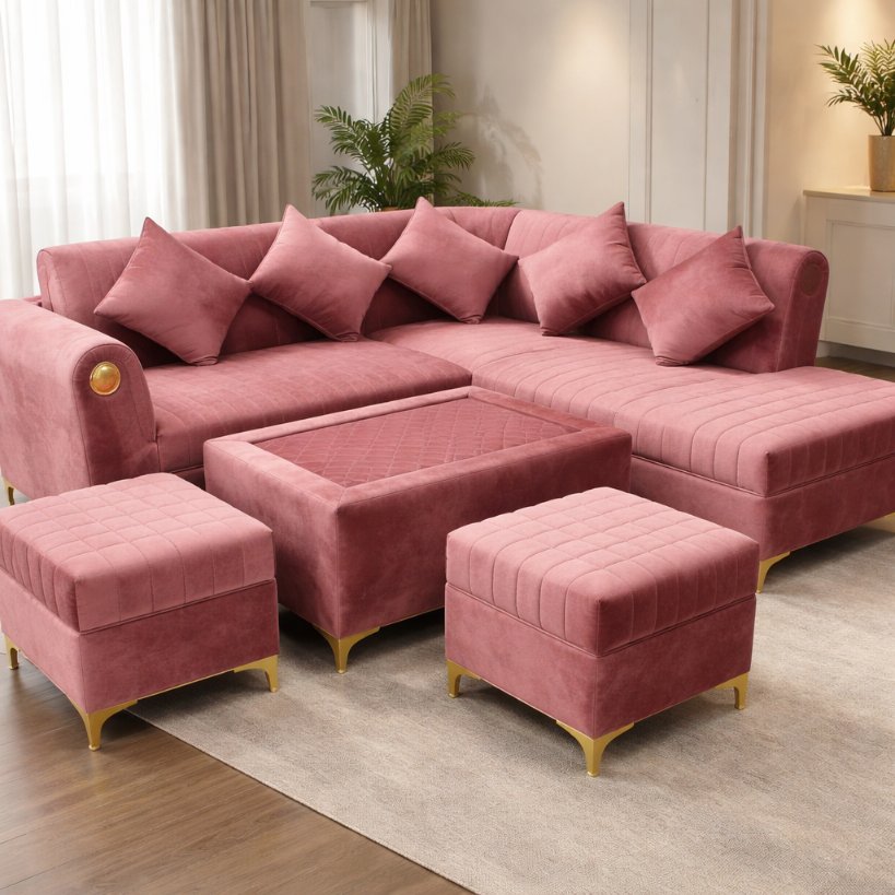 Rosé Comfort Luxe L-Shape Sofa Set with Dual Ottomans