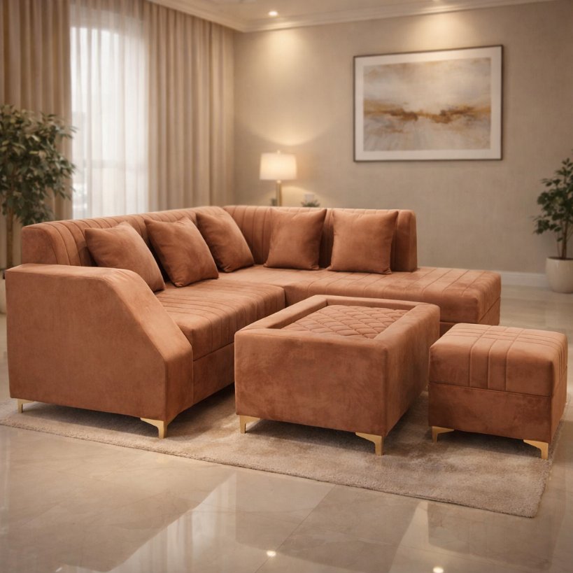 Amber Haven Luxury L-Shape Sectional Sofa with Ottoman Set