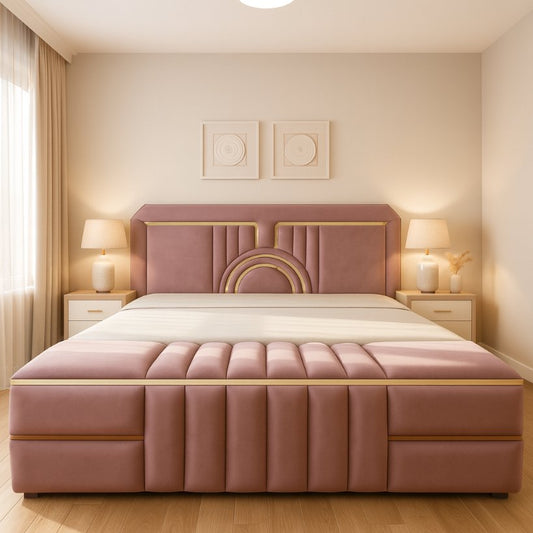 Luxury Upholstered Bed With Gold Accent Headboard