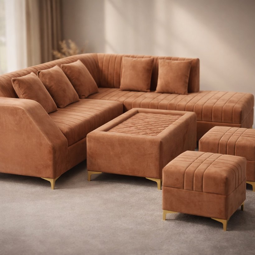 Amber Haven Luxury L-Shape Sectional Sofa with Ottoman Set