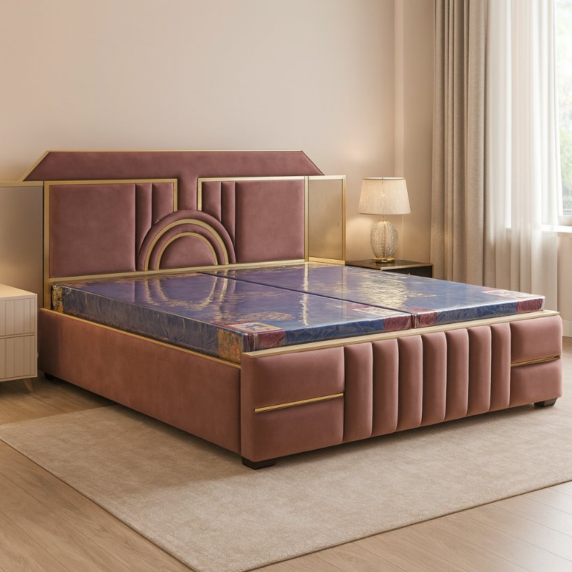 Luxury Upholstered Bed With Gold Accent Headboard