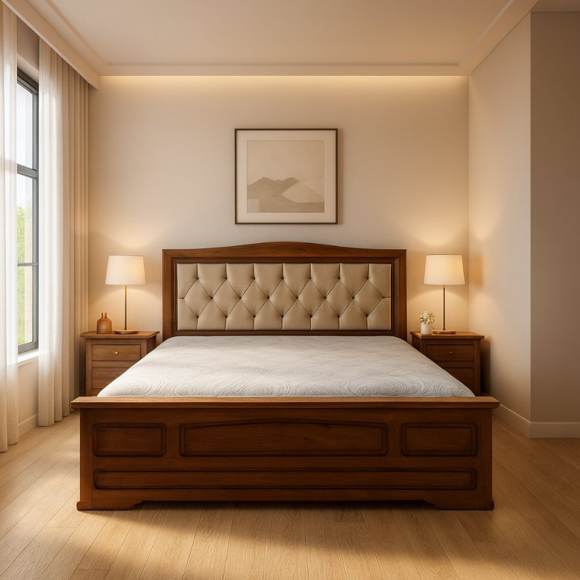 Classic Wooden Bed With Upholstered Headboard