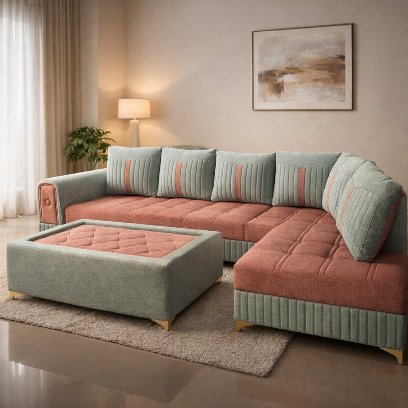 Mint Rose Comforta L-Shape Sectional Sofa with Ottoman