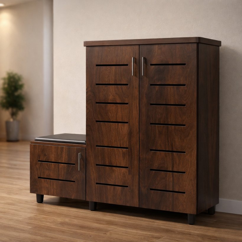 Aangan Modern Solid Wood Modular Shoe Rack with Seating Unit