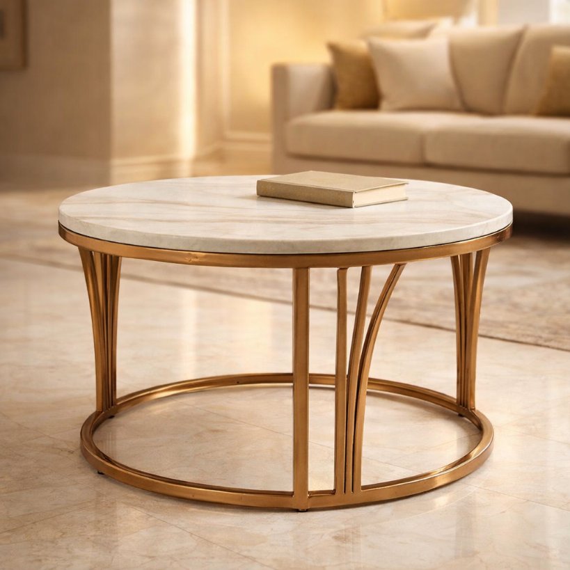 Luxury Round Marble Top Centre Table with Gold Ring Base