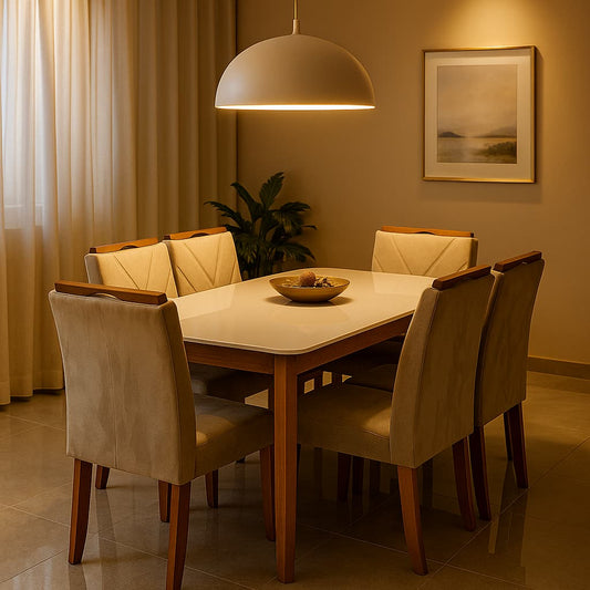 Aangan 6-Seater Modern Cream Upholstered Dining Set with Sleek White Top