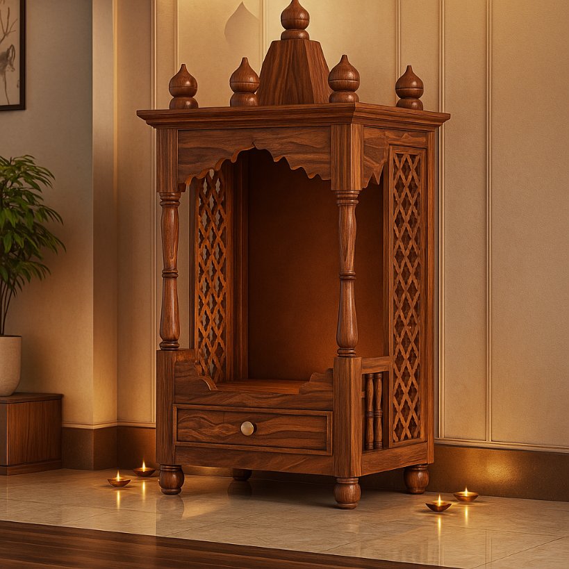 Aangan Sheesham Carved Pillar Temple with Jaali Side Panels