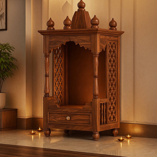 Aangan Sheesham Carved Pillar Temple with Jaali Side Panels