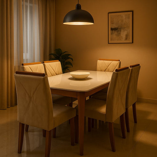 Aangan 6-Seater Modern Cream Upholstered Dining Set with Sleek White Top