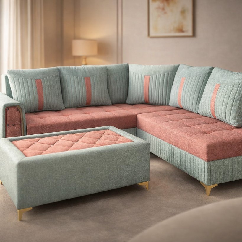 Mint Rose Comforta L-Shape Sectional Sofa with Ottoman