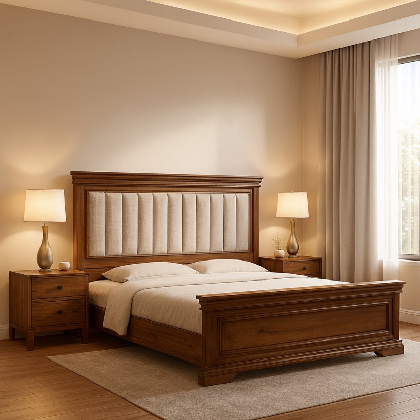 Elegant Solid Wood Bed With Upholstered Panel Headboard