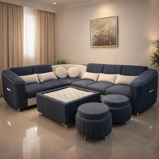Royal Navy Luxe L-Shape Sectional Sofa with Ottoman & Pouffes