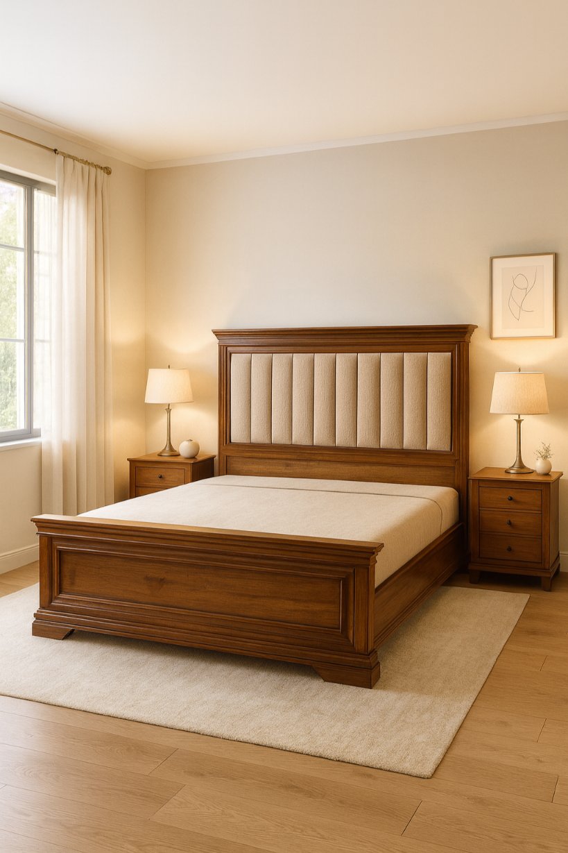 Elegant Solid Wood Bed With Upholstered Panel Headboard