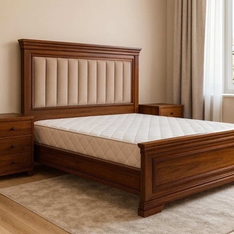 Elegant Solid Wood Bed With Upholstered Panel Headboard