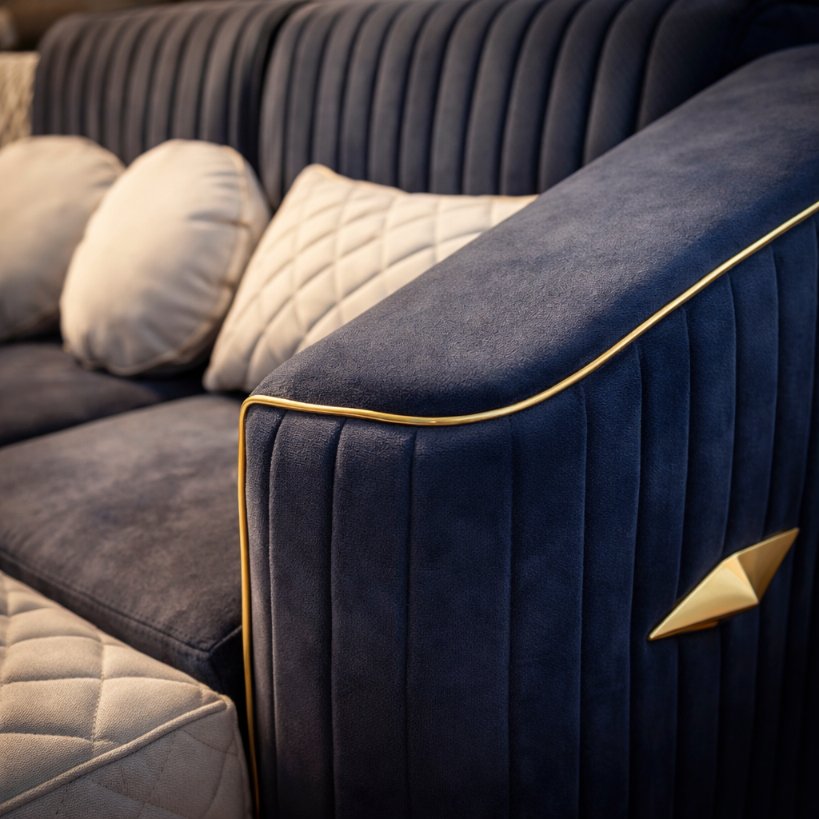 Royal Navy Luxe L-Shape Sectional Sofa with Ottoman & Pouffes