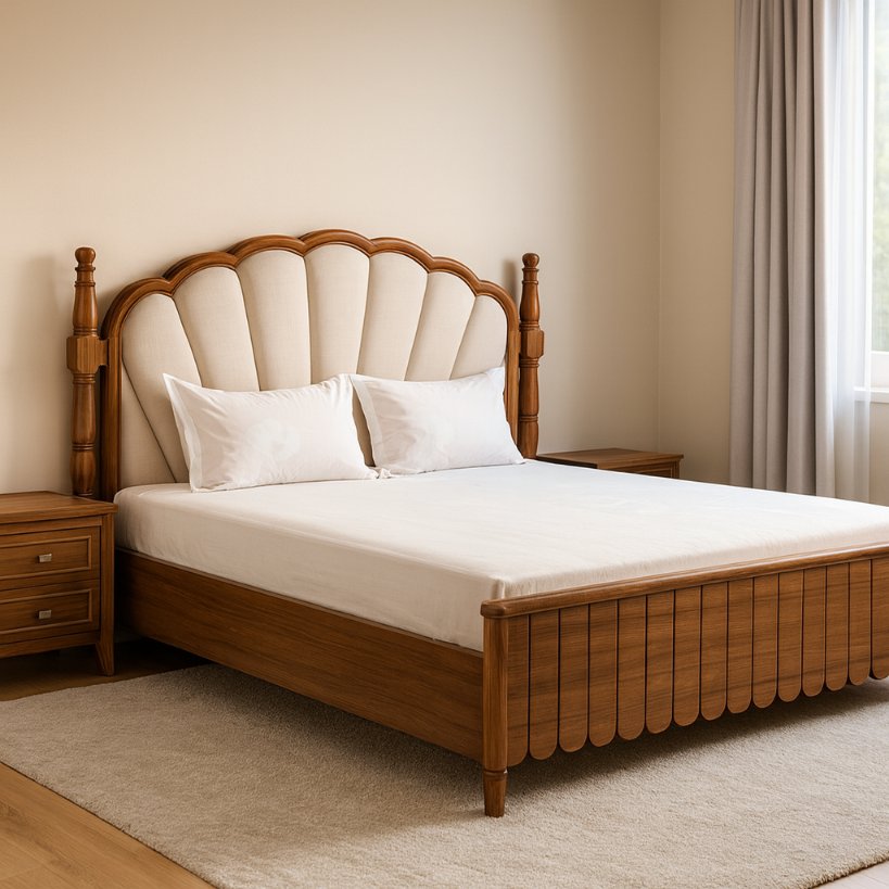 Classic Solid Wood Bed With Curved Upholstered Headboard
