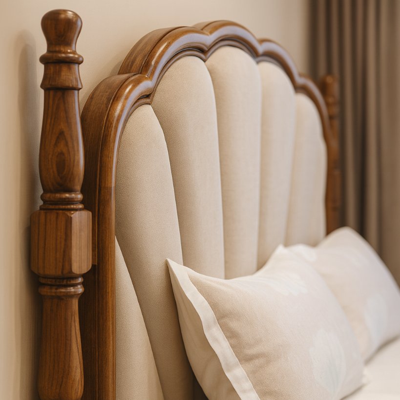 Classic Solid Wood Bed With Curved Upholstered Headboard