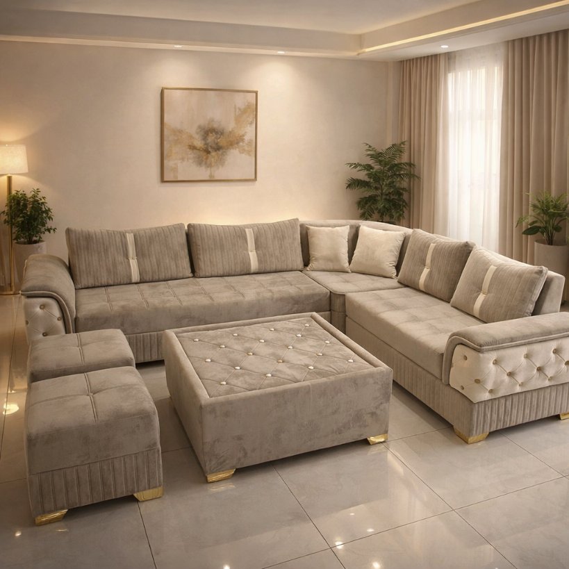 Celestia Luxe L-Shape Sectional Sofa with Ottoman & Pouffe Set