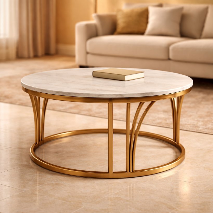 Luxury Round Marble Top Centre Table with Gold Ring Base