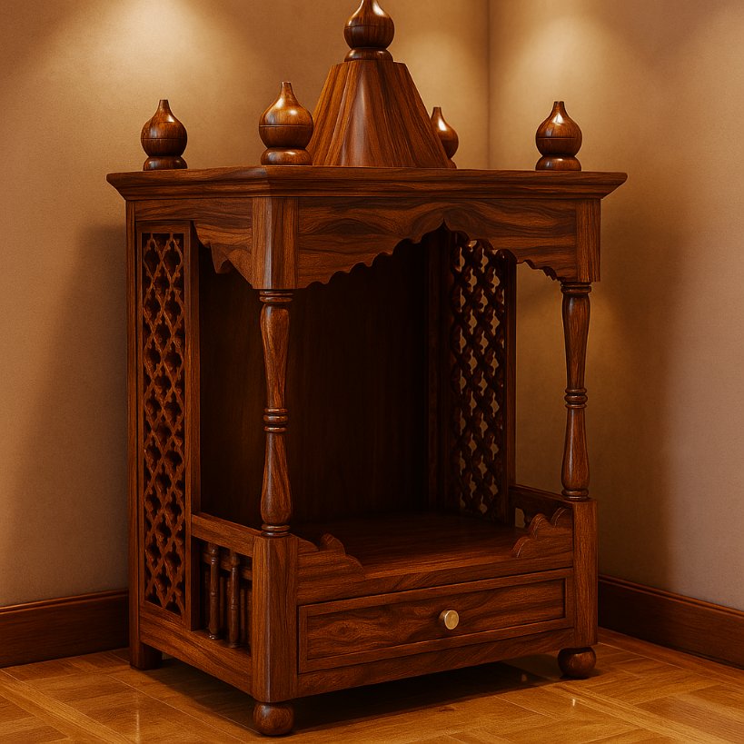 Aangan Sheesham Carved Pillar Temple with Jaali Side Panels