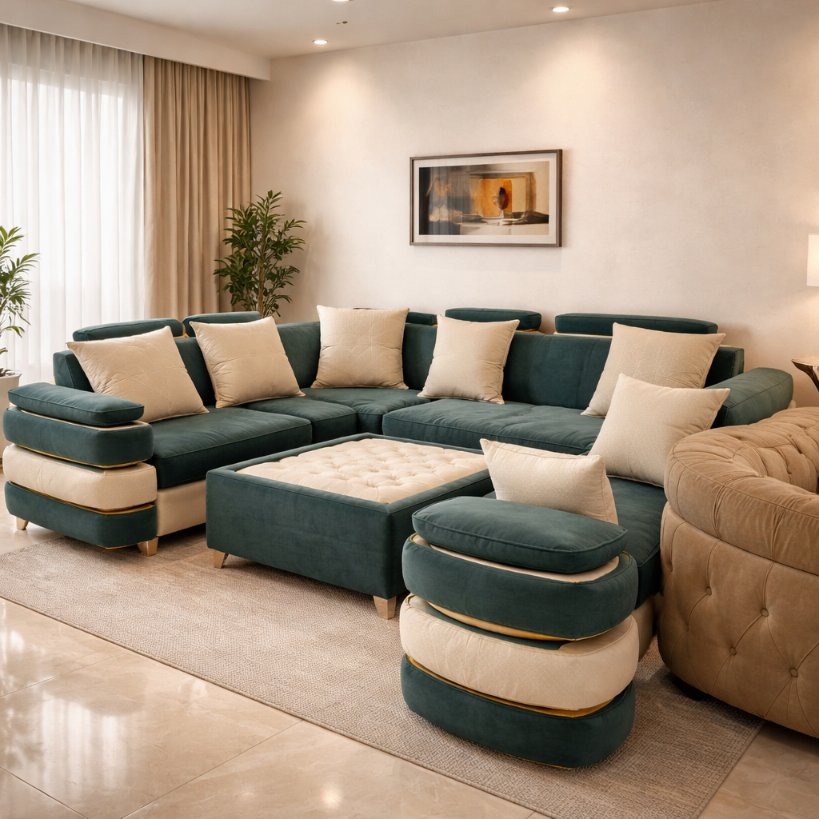 Verona Elite Teal L-Shape Sectional Sofa with Ottoman & Pouffe Set