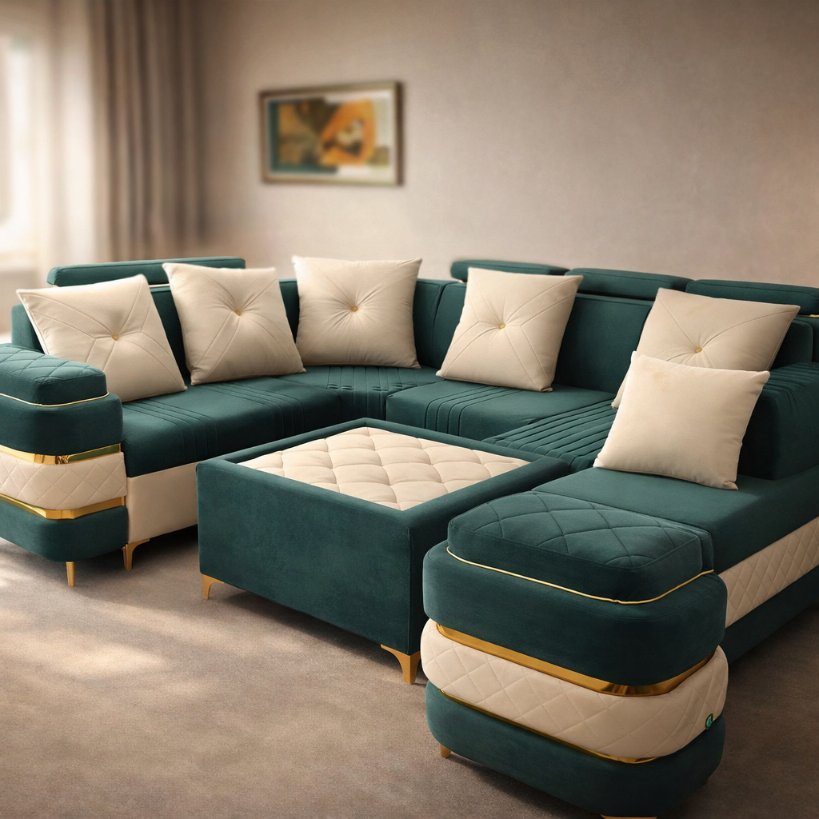 Verona Elite Teal L-Shape Sectional Sofa with Ottoman & Pouffe Set