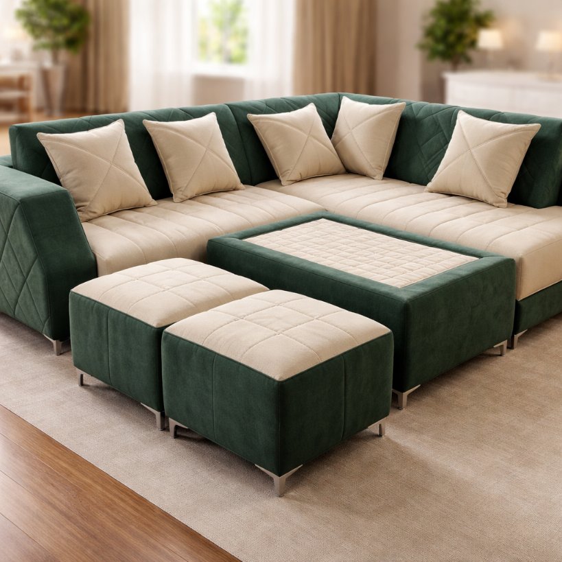 Emerald Crest Luxury L-Shape Sectional Sofa with Ottoman