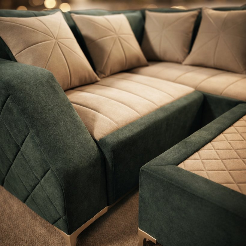 Emerald Crest Luxury L-Shape Sectional Sofa with Ottoman