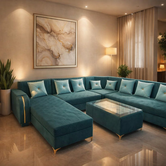 Azure Haven Premium L-Shape Sectional Sofa with Glass-Top Center Table