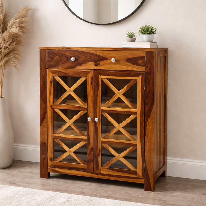 Aangan Solid Wood Shoe Rack with Cross-Panel Doors & Top Drawer