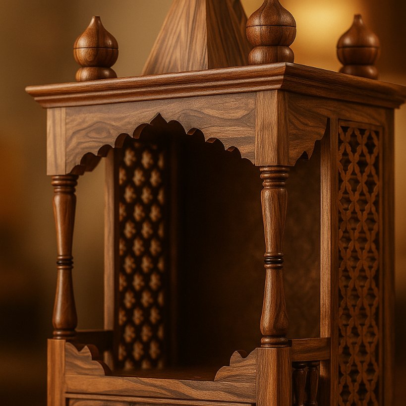 Aangan Sheesham Carved Pillar Temple with Jaali Side Panels