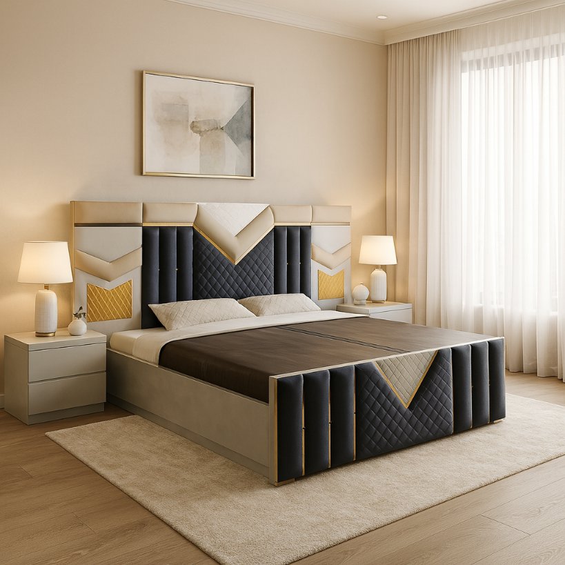Luxury Upholstered Bed with Geometric Panel Headboard