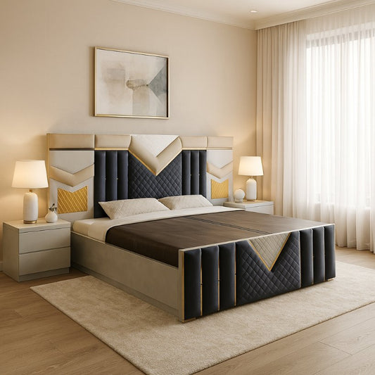 Luxury Upholstered Bed with Geometric Panel Headboard