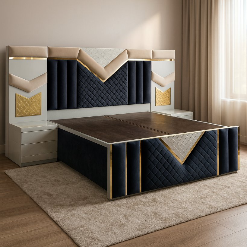 Luxury Upholstered Bed with Geometric Panel Headboard
