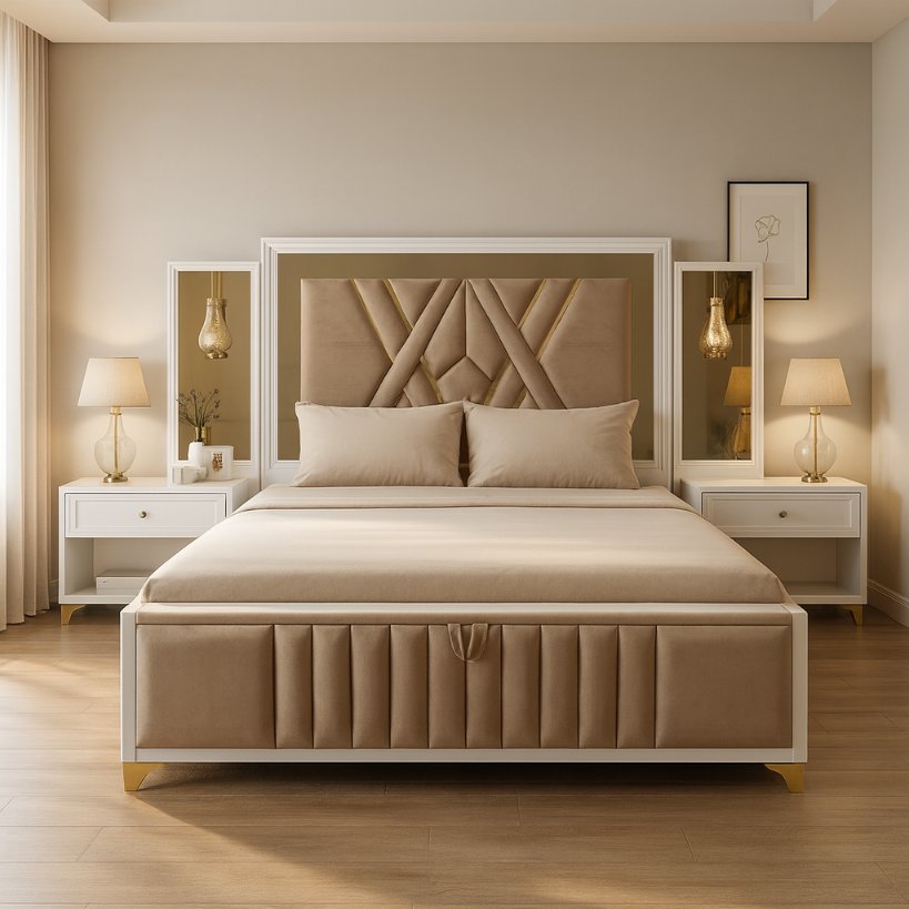 Ivory Luxe Panel Bed with Sculpted Headboard