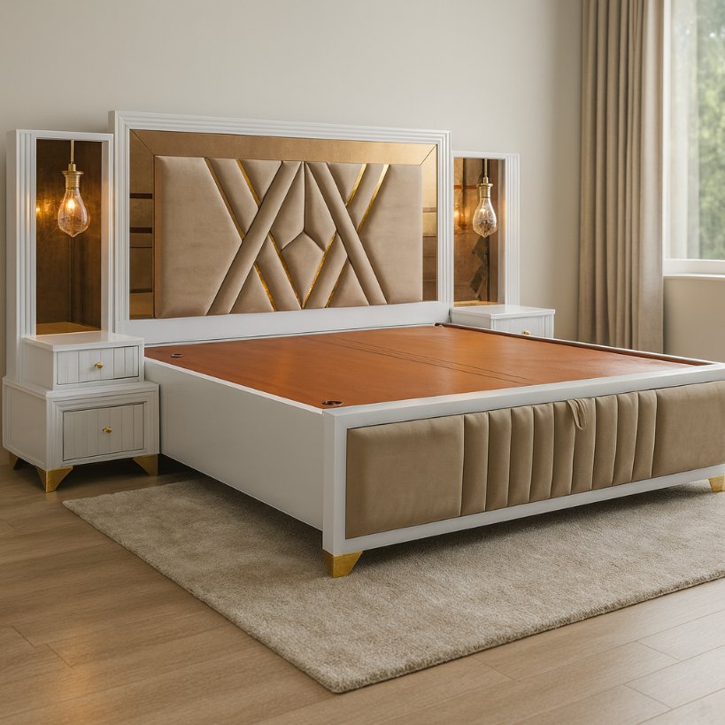 Ivory Luxe Panel Bed with Sculpted Headboard