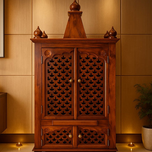 Aangan Sheesham Carved Pillar Temple with Jaali Side Panels