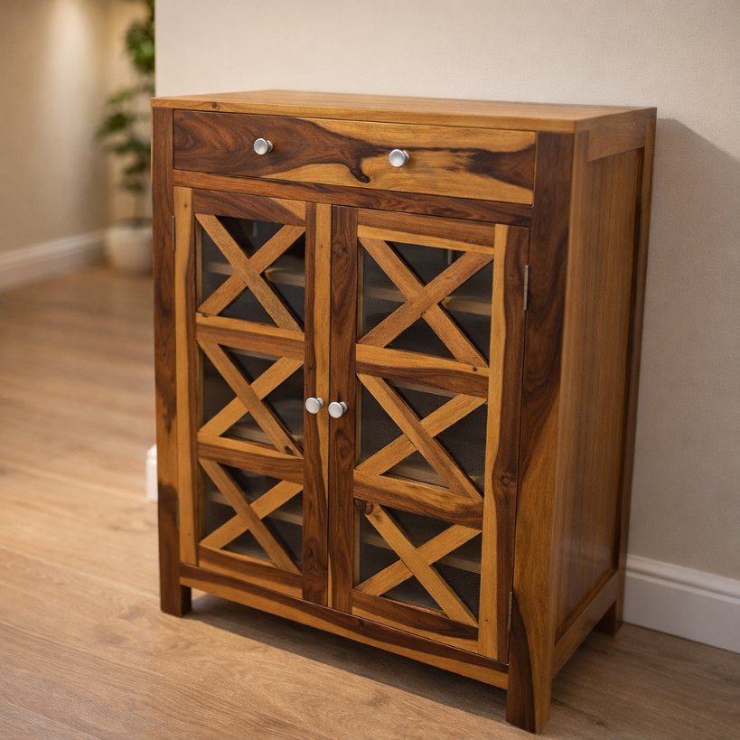 Aangan Solid Wood Shoe Rack with Cross-Panel Doors & Top Drawer