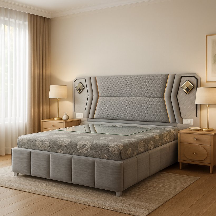 Luxe Crest Quilted Upholstered Bed with Designer Headboard