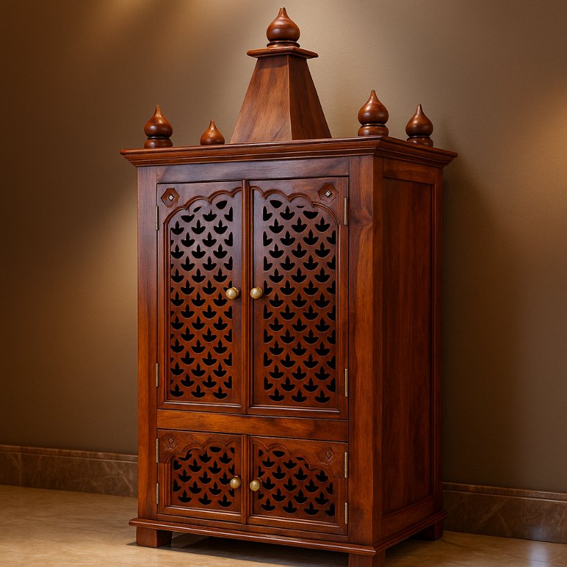 Aangan Sheesham Carved Pillar Temple with Jaali Side Panels