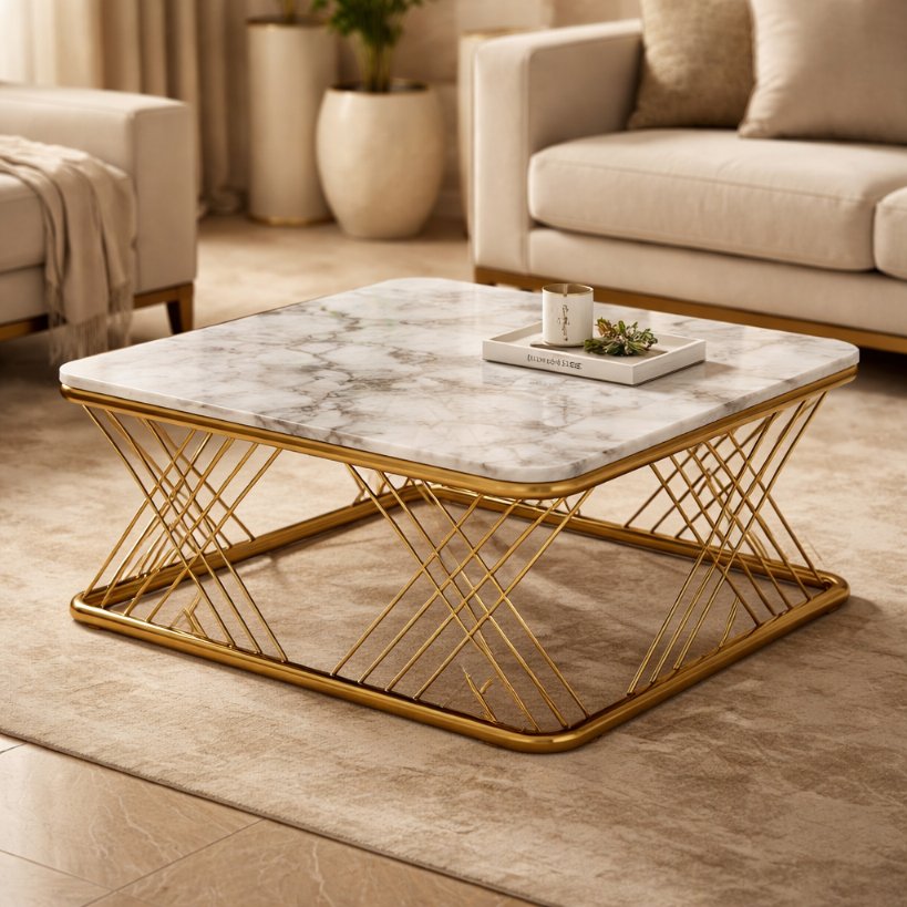 Luxury Marble Top Centre Table with Gold Metal Base