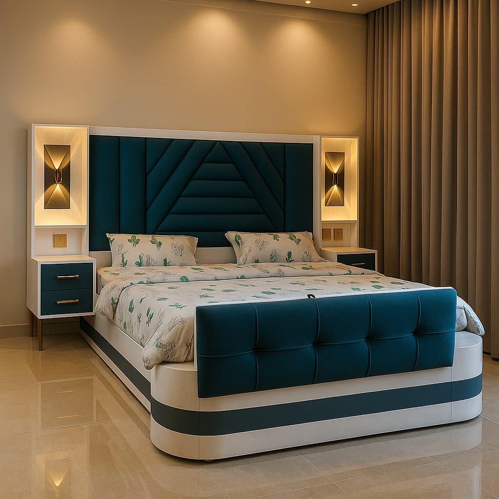 Aangan Modern Luxe Teal Panel Bed with Premium Storage Base