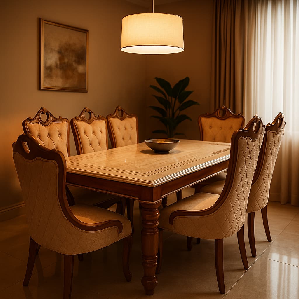 Aangan Royal Classic 6-Seater Dining Table Set – Solid Wood Frame & Premium Upholstered Chairs