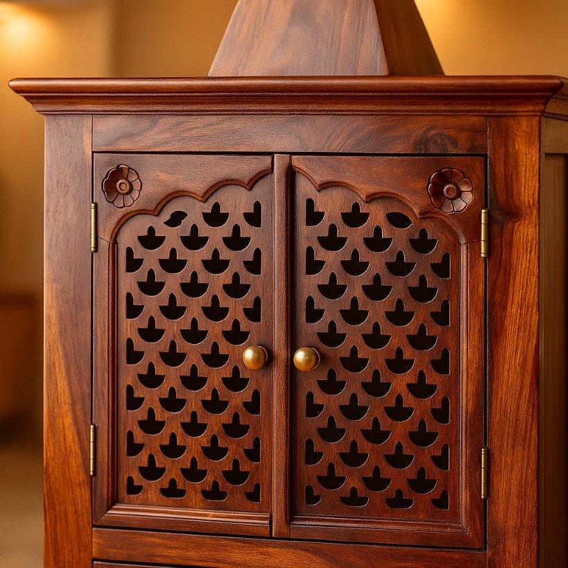 Aangan Sheesham Carved Pillar Temple with Jaali Side Panels