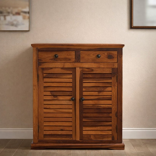 Aangan Solid Wood Shoe Rack with Louvered Doors & Dual Top Drawers